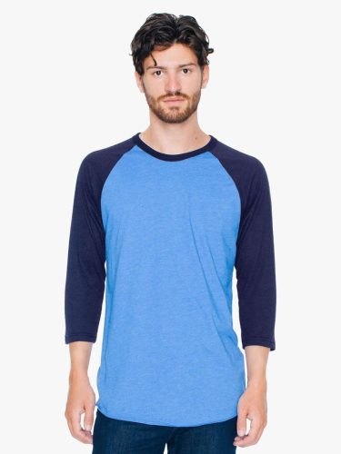 American Apparel uniszex 3/4 ujjú póló, AABB453 raglán ujjú, Heather Lake Blue/Navy-2XL