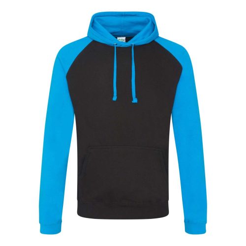 Raglános baseball kapucnis pulóver, Just Hoods AWJH009, Jet Black/Sapphire Blue-2XL