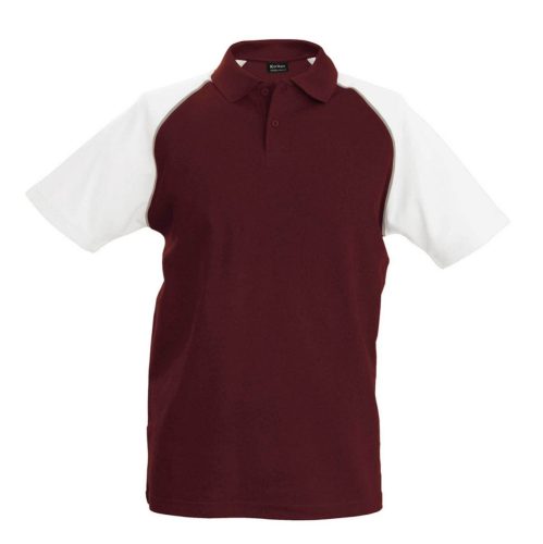 Kariban baseball férfi galléros rövid ujjú piké póló KA226, Bordeaux/White-2XL