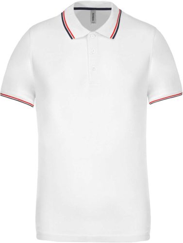 Kariban kontrasztcsíkos férfi rövid ujjú galléros piké póló KA250, White/Navy/Red-2XL