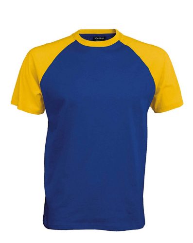 Kariban raglán ujjú kétszínű baseball férfi póló KA330, Royal Blue/Yellow-2XL