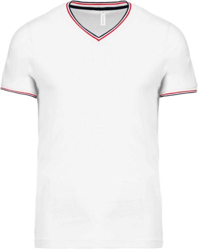 Kariban V-nyakú férfi piké póló KA374, White/Navy/Red-L