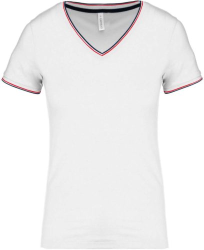 Kariban V-nyakú piké Női póló KA394, White/Navy/Red-2XL