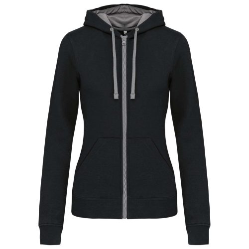 Kariban Női cipzáras pulóver kontrasztos bélésű kapucnival KA467, Black/Fine Grey-L