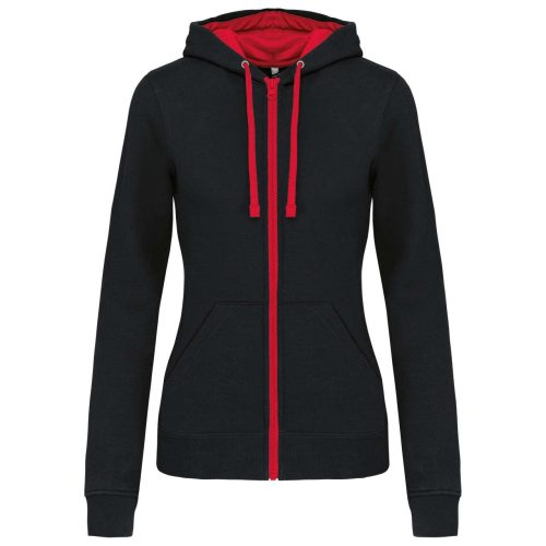 Kariban Női cipzáras pulóver kontrasztos bélésű kapucnival KA467, Black/Red-S