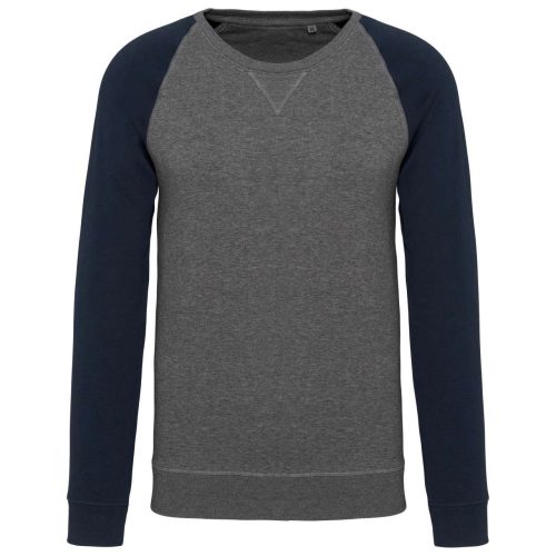 Kariban kétszínű organikus raglános férfi pulóver KA491, Grey Heather/Navy-3XL