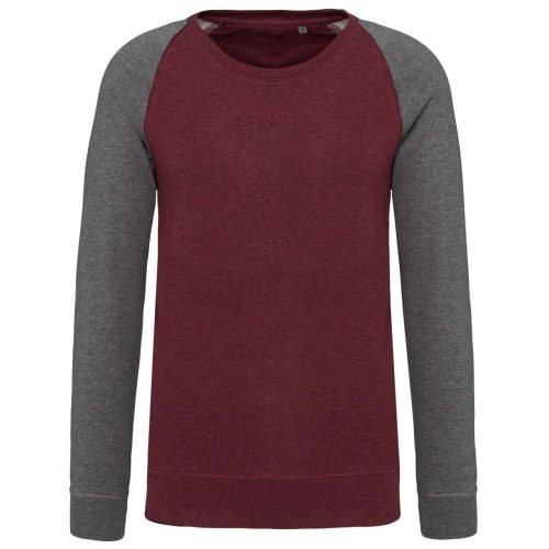 Kariban kétszínű organikus raglános férfi pulóver KA491, Wine Heather/Grey Heather-3XL