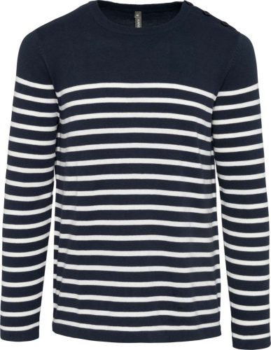 Kariban vállon gombolós csíkos férfi pulóver KA989, Striped Navy/Off White-2XL