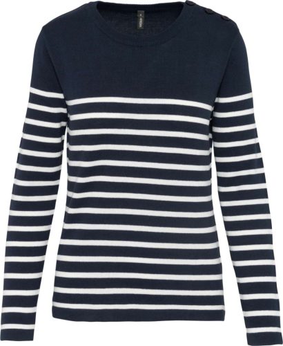 Kariban vállon gombolós csíkos Női pulóver KA990, Striped Navy/Off White-M