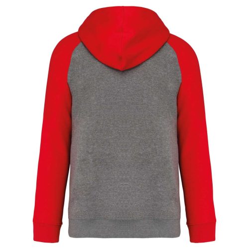 Proact kétszínű raglán ujjú kapucnis pulóver PA369, Grey Heather/Sporty Red-2XL