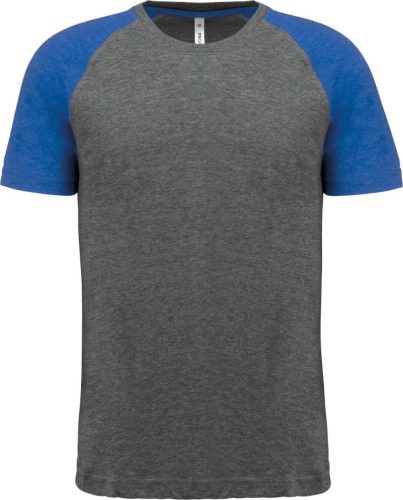 Proact kétszínű raglános rövid ujjú unisex sportpóló PA4010, Grey Heather/Sporty Royal Blue Heather-3XL